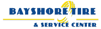 Bayshore Tire & Service Center logo featuring tire graphic in blue and yellow.