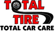 Total Tire logo with wheel graphic and text Total Car Care in black and red.